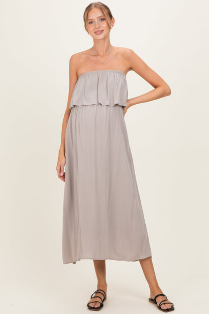Ash Mocha Woven Crinkle Flounce Strapless Maternity Maxi Dress