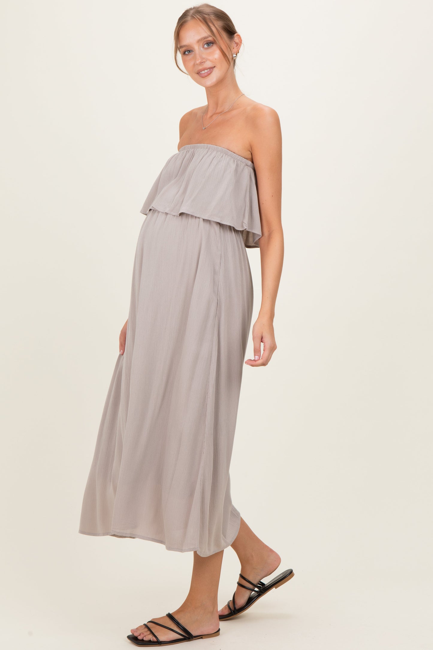 Ash Mocha Woven Crinkle Flounce Strapless Maternity Maxi Dress