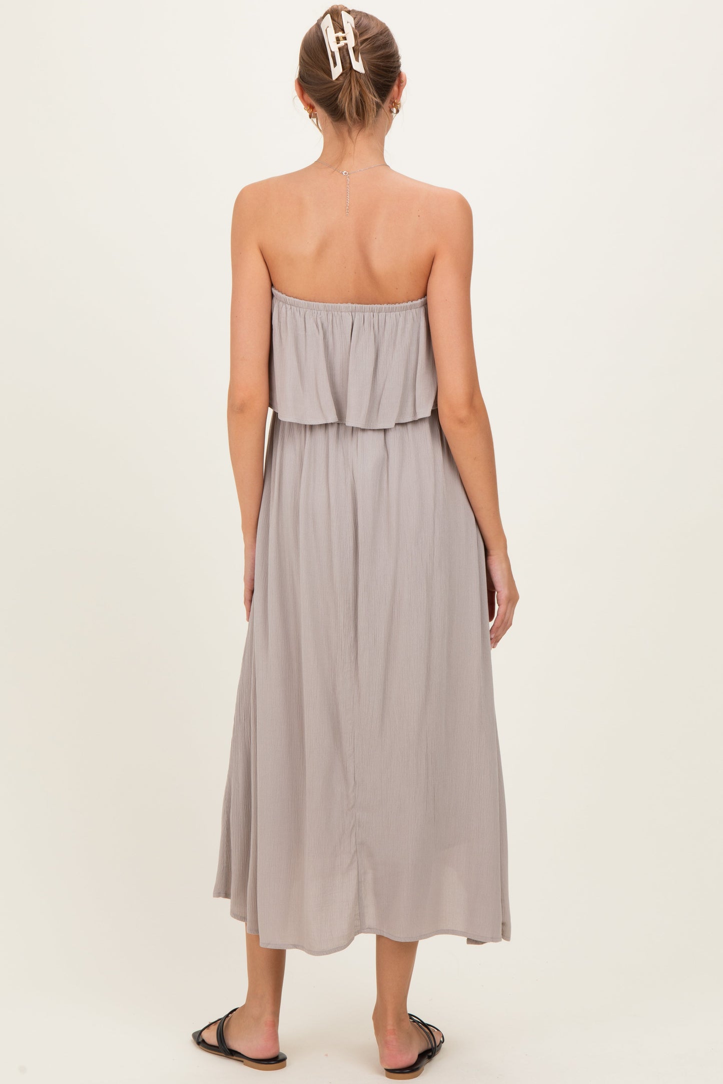 Ash Mocha Woven Crinkle Flounce Strapless Maternity Maxi Dress