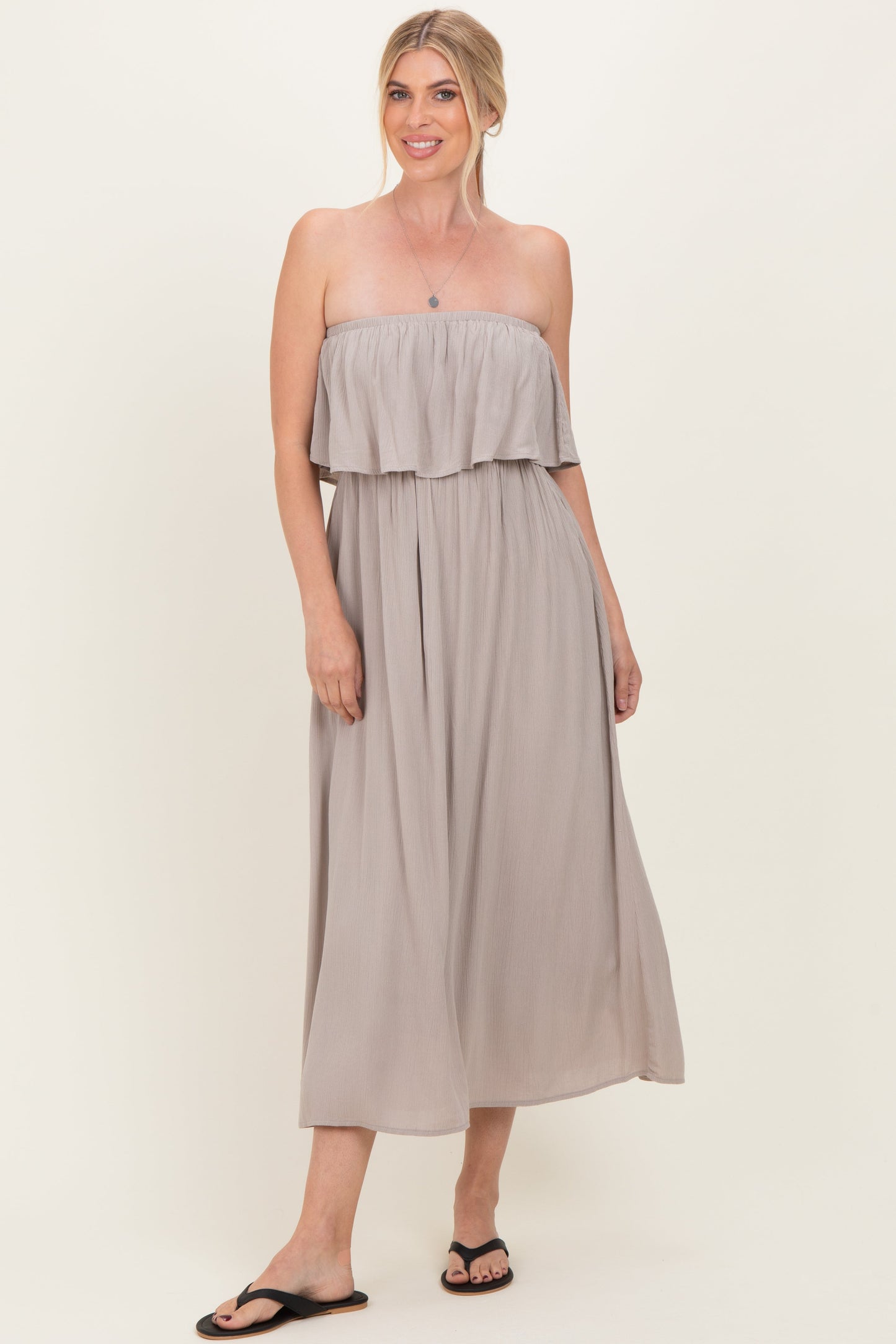 Ash Mocha Woven Crinkle Flounce Strapless Maternity Maxi Dress