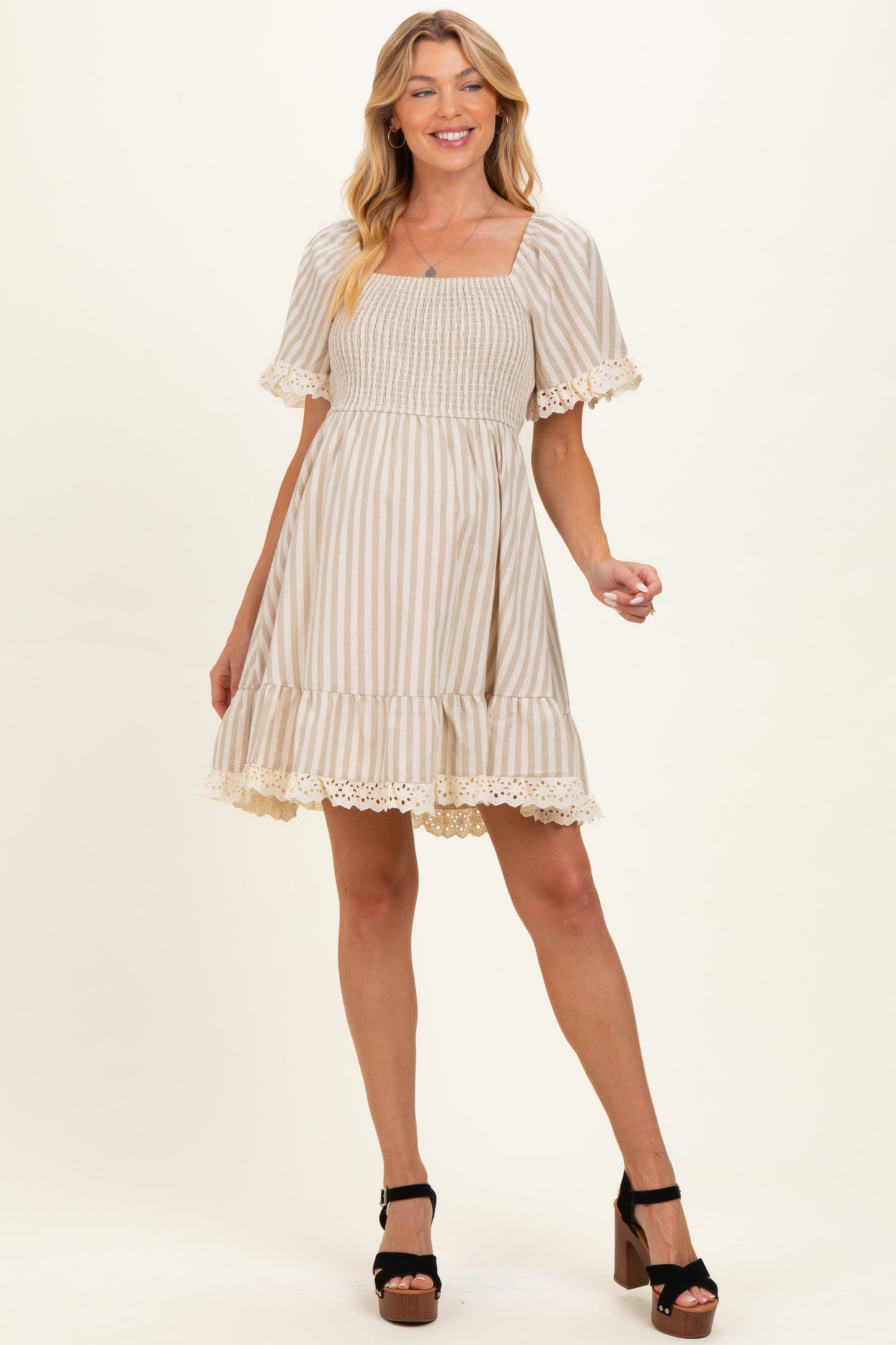 Beige Striped Smocked Lace Trim Maternity Dress
