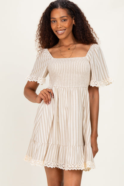 Beige Striped Smocked Lace Trim Maternity Dress