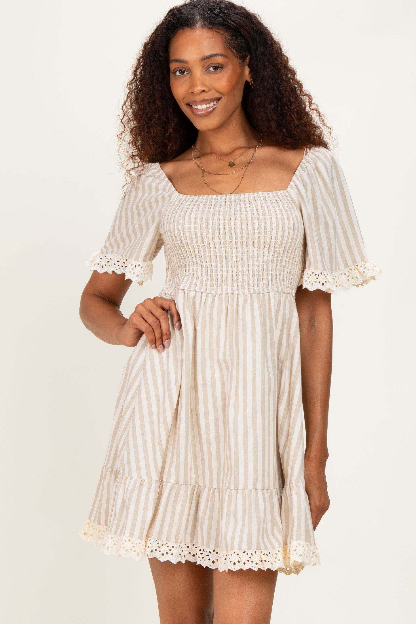 Beige Striped Smocked Lace Trim Dress