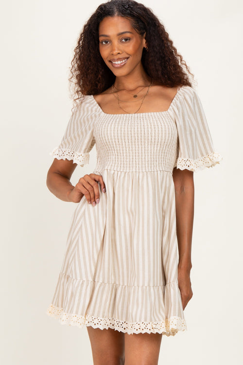 Beige Striped Smocked Lace Trim Dress