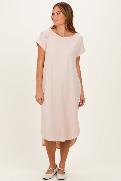 Beige Ribbed Curved Hem Midi Dress