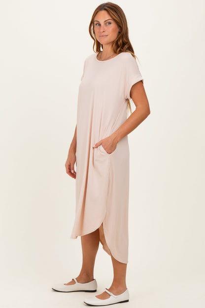 Beige Ribbed Curved Hem Midi Dress
