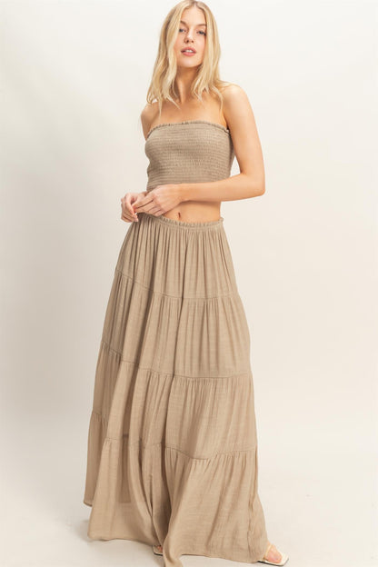 Beige Smocked Tube Top Tiered Skirt Set