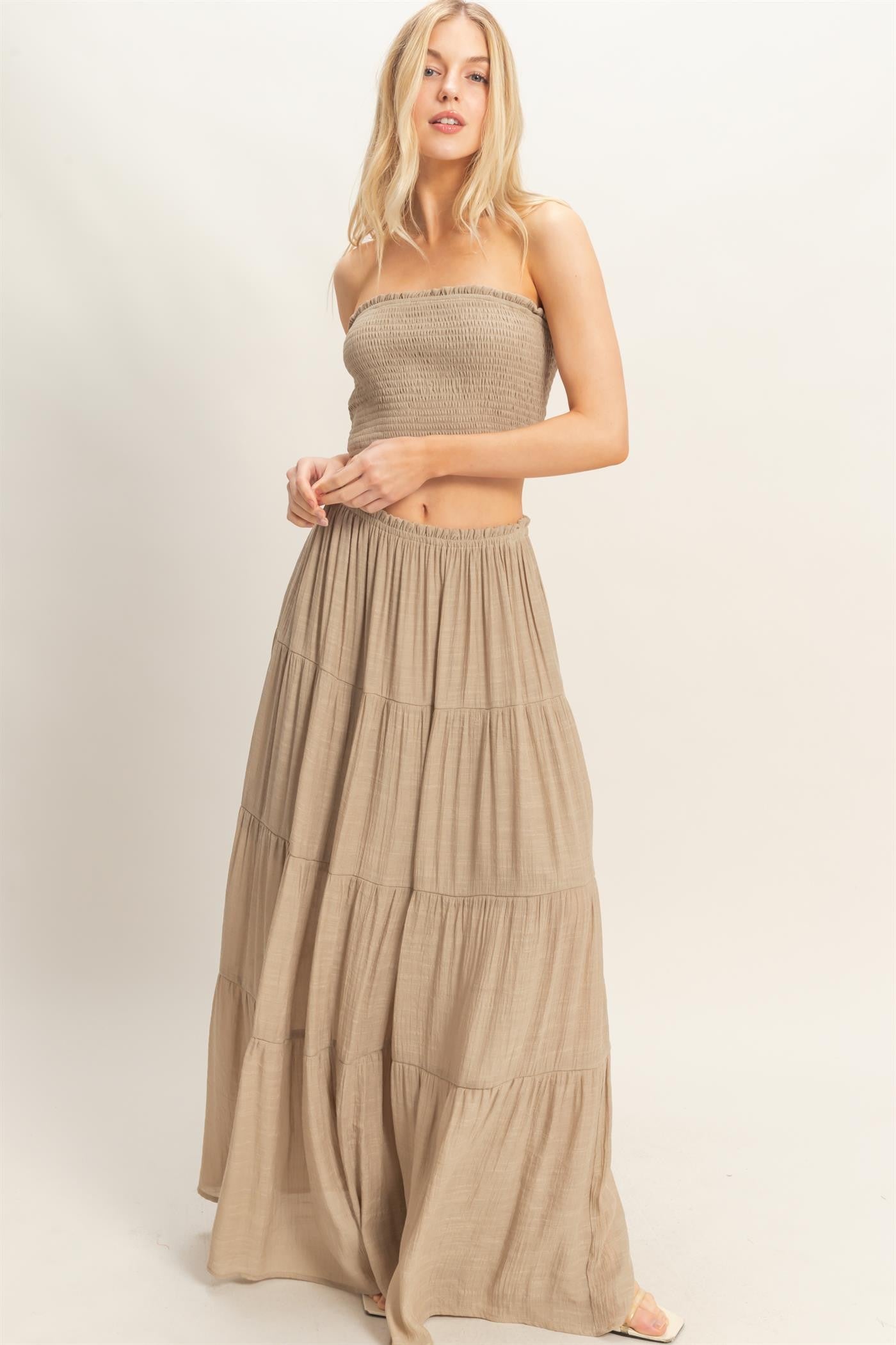 Beige Smocked Tube Top Tiered Skirt Maternity Set