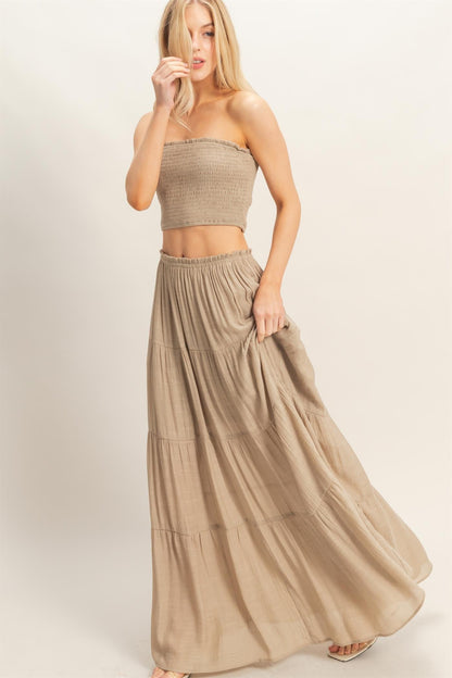 Beige Smocked Tube Top Tiered Skirt Set