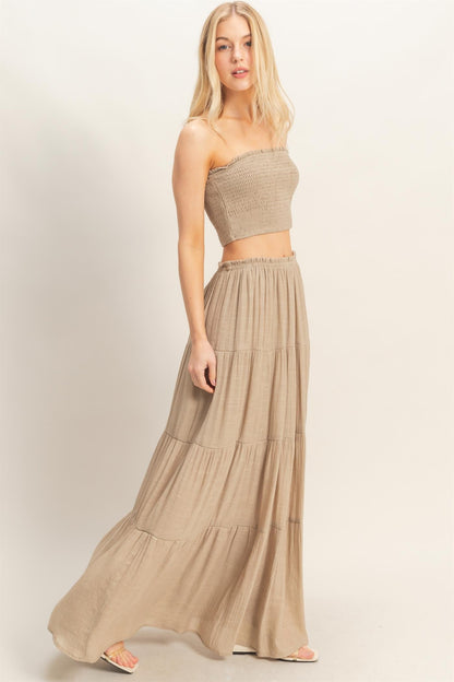Beige Smocked Tube Top Tiered Skirt Set