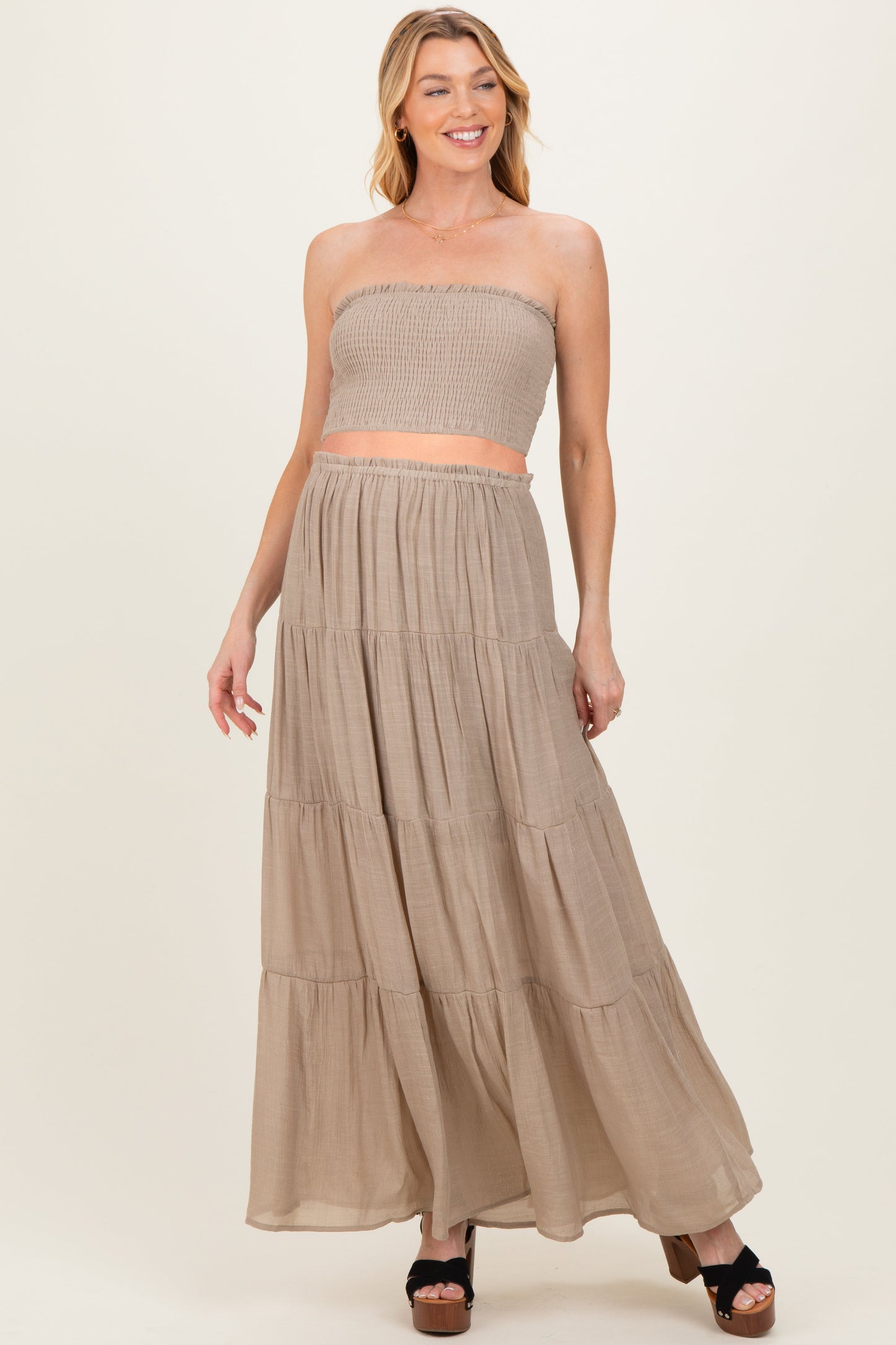 Beige Smocked Tube Top Tiered Skirt Maternity Set