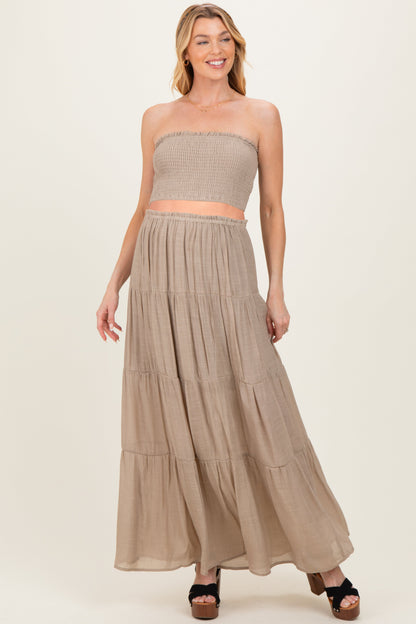 Beige Smocked Tube Top Tiered Skirt Maternity Set