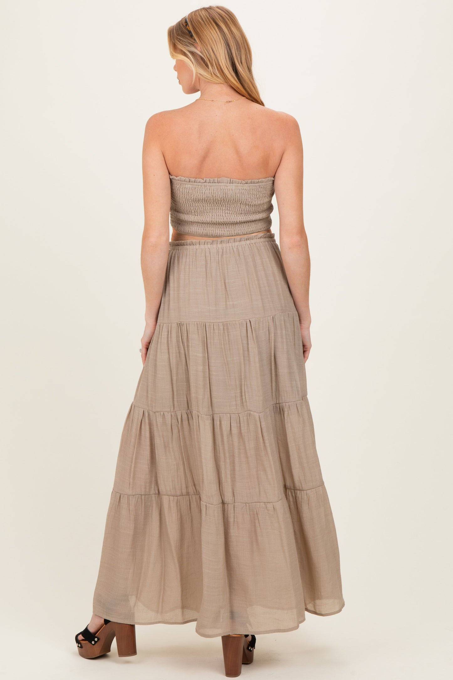 Beige Smocked Tube Top Tiered Skirt Maternity Set