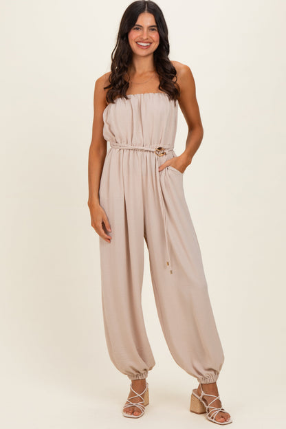 Beige Crinkled Tube Balloon Jumpsuit