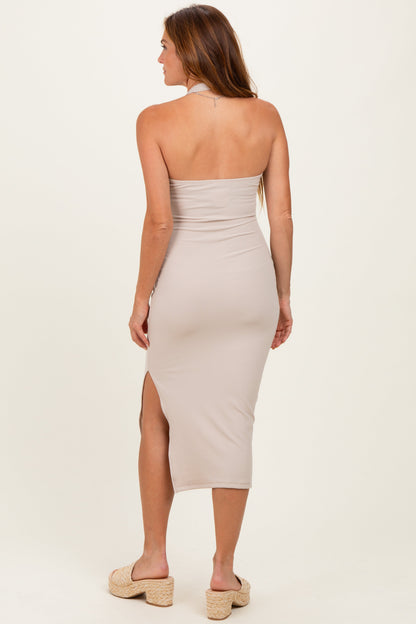 Beige Open Back Bodycon Dress