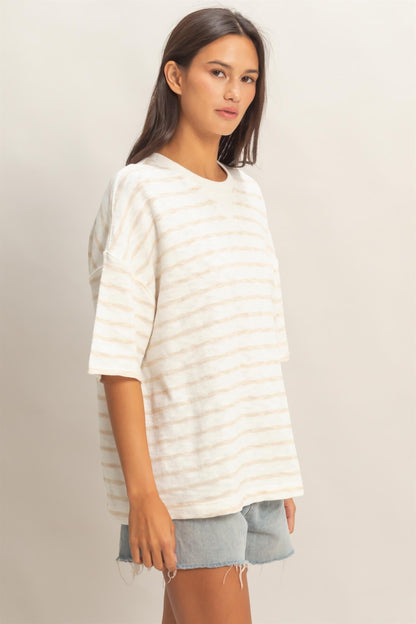 Beige Oversized Striped Short Sleeve Top