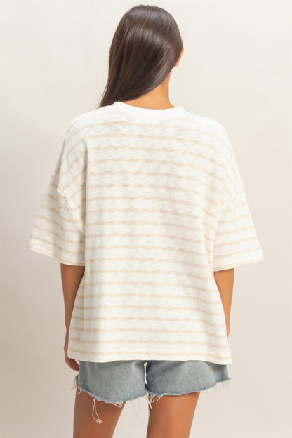 Beige Oversized Striped Short Sleeve Top