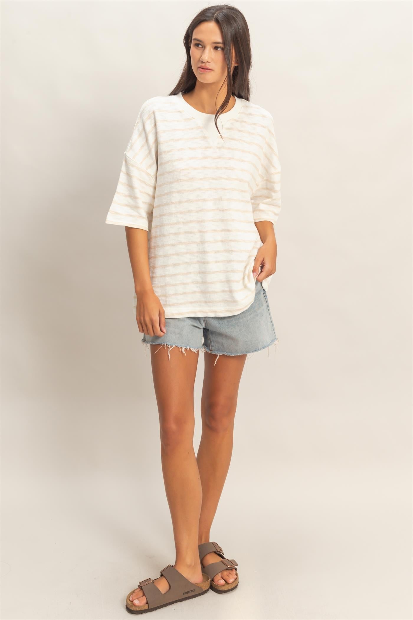 Beige Oversized Striped Short Sleeve Top