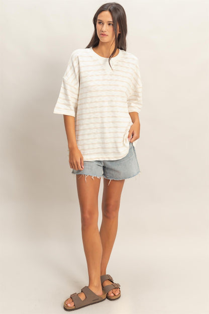 Beige Oversized Striped Short Sleeve Top