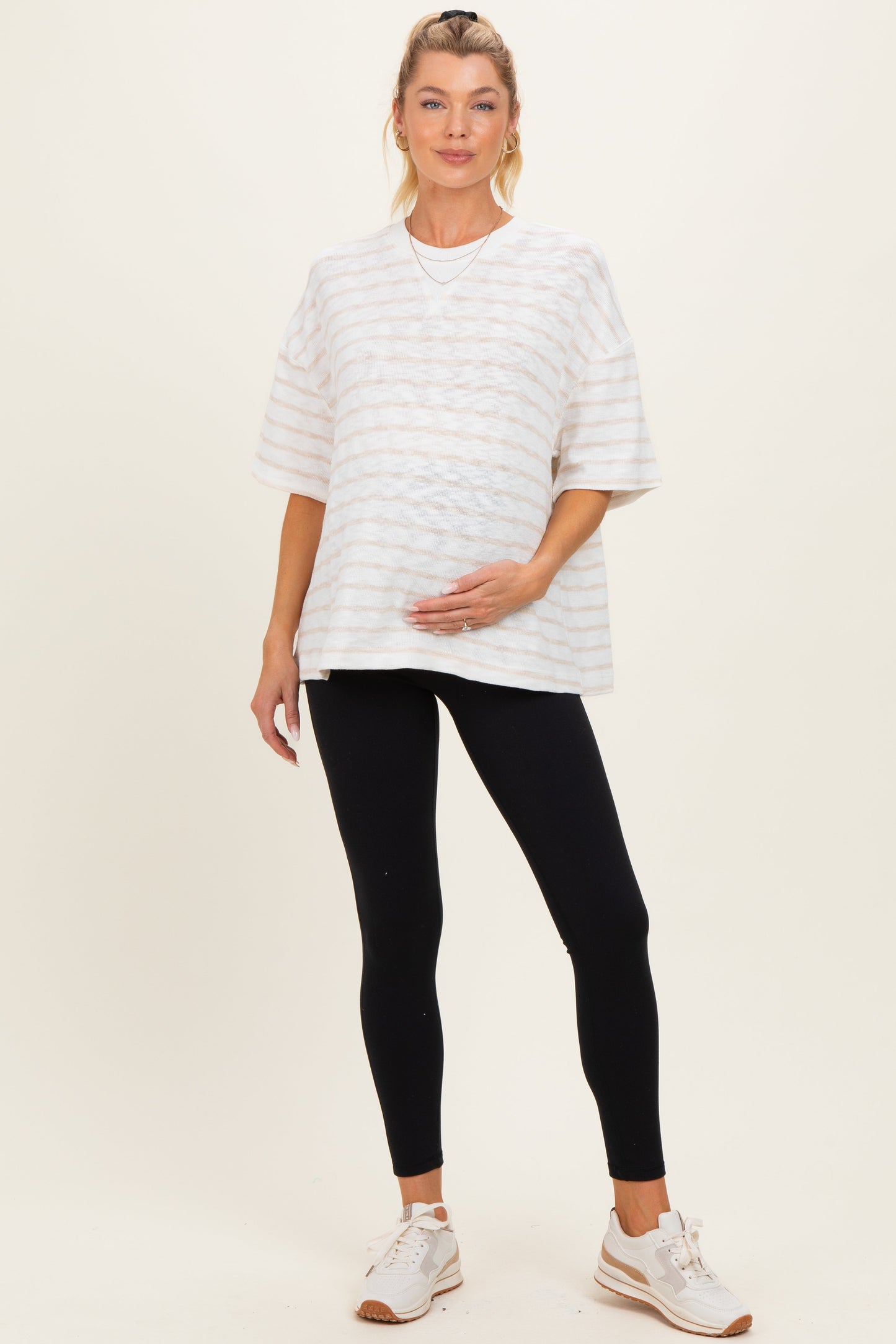 Beige Oversized Striped Maternity Short Sleeve Top