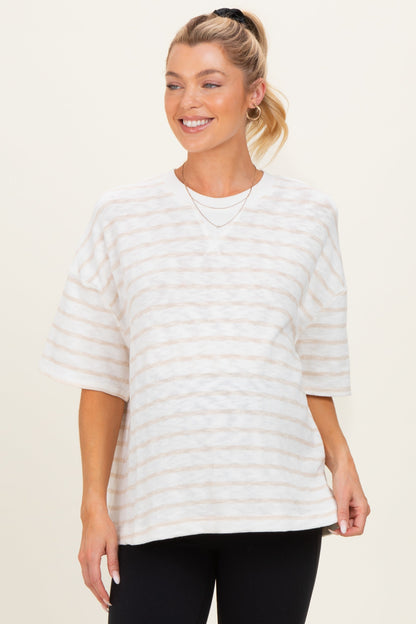Beige Oversized Striped Maternity Short Sleeve Top