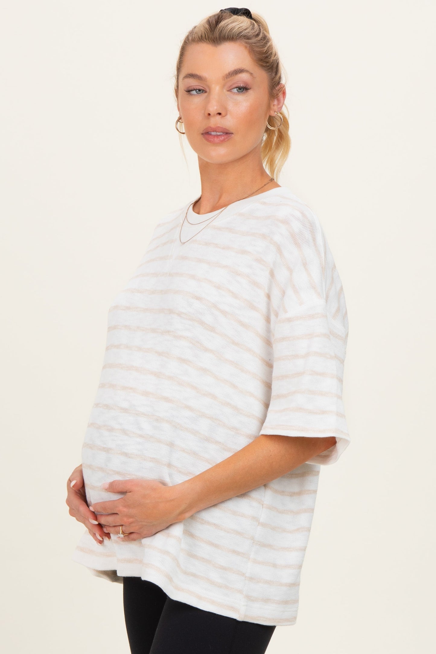 Beige Oversized Striped Maternity Short Sleeve Top