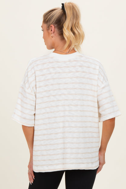 Beige Oversized Striped Maternity Short Sleeve Top