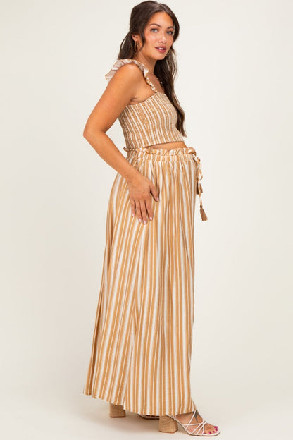 Beige Striped Smocked Crop Top Maxi Skirt Maternity Set