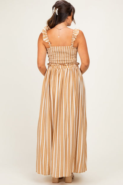 Beige Striped Smocked Crop Top Maxi Skirt Maternity Set