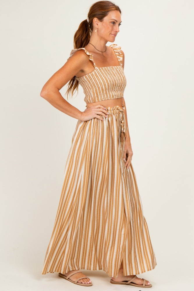 Beige Striped Smocked Crop Top Maxi Skirt Set