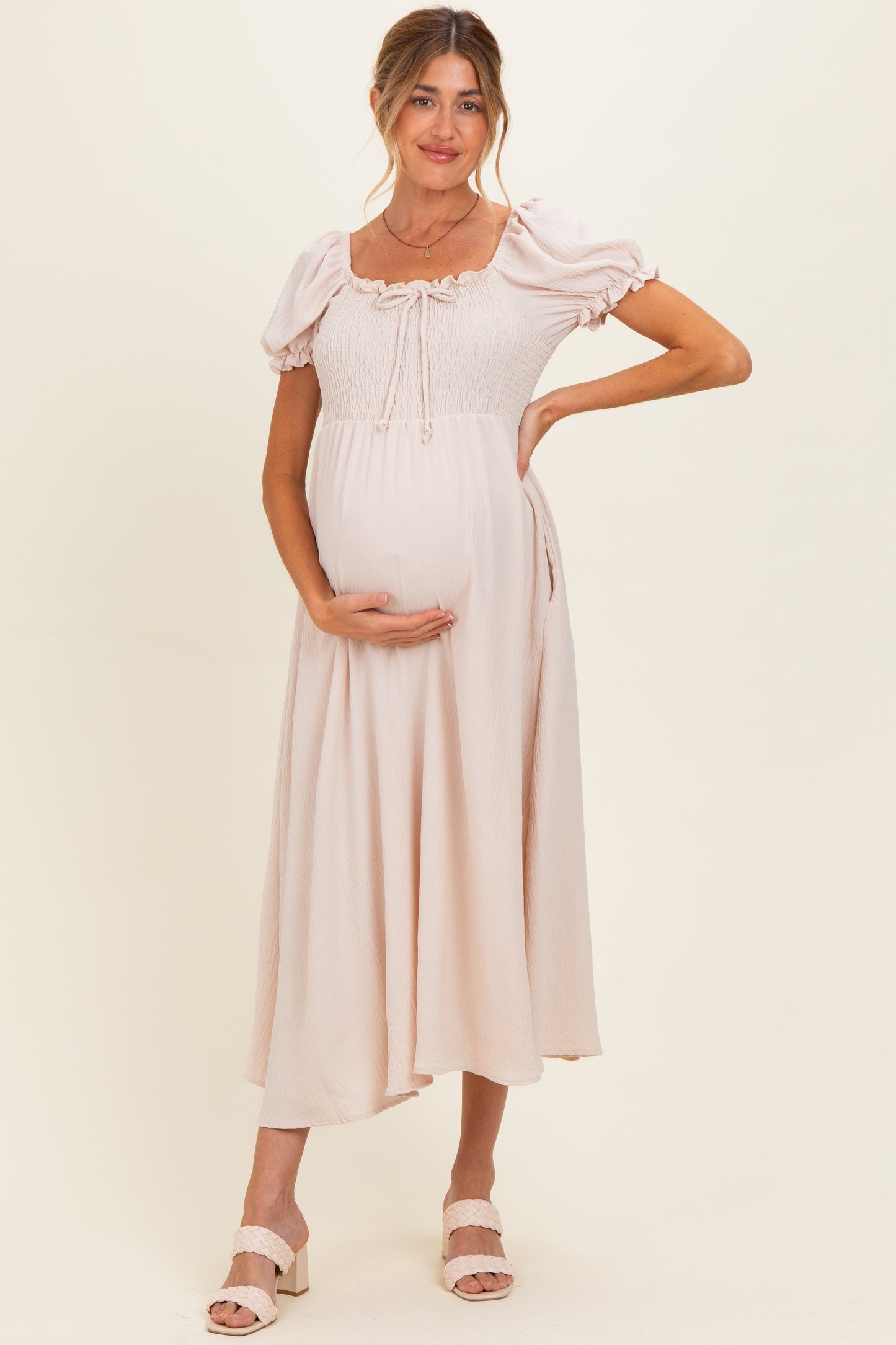 Beige Square Neck Puff Sleeve Maternity Midi Dress
