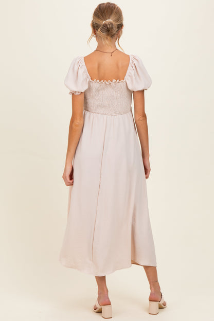 Beige Square Neck Puff Sleeve Maternity Midi Dress