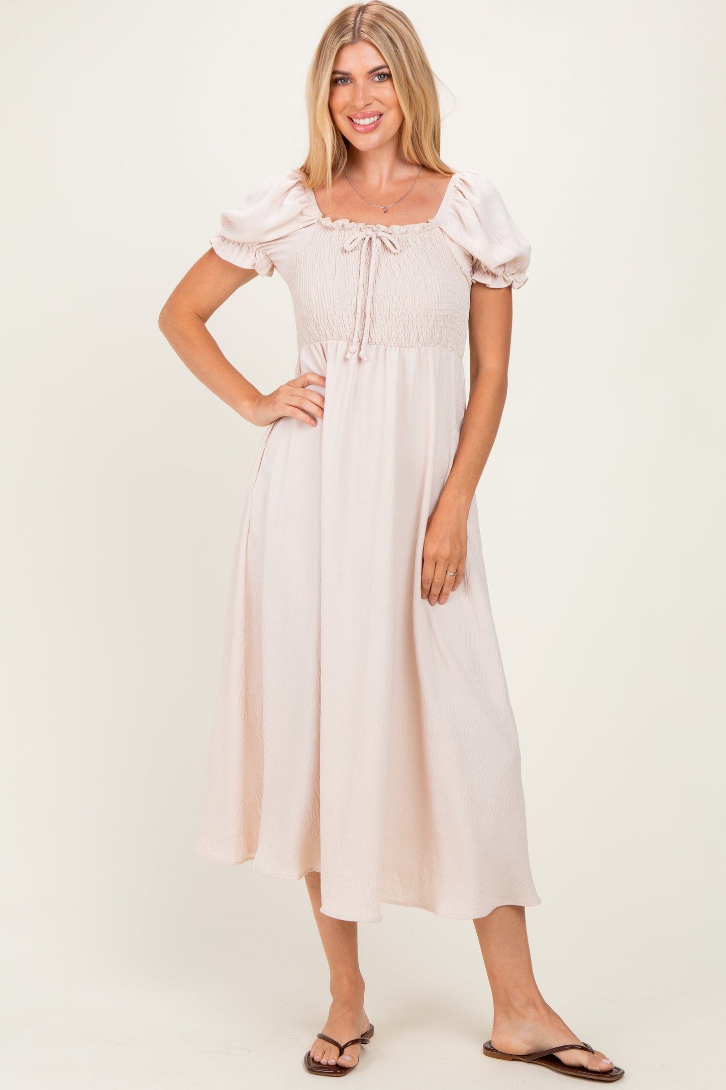Beige Square Neck Puff Sleeve Midi Dress