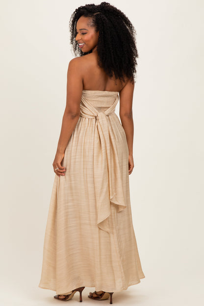 Beige Strapless Tie Back Maxi Dress