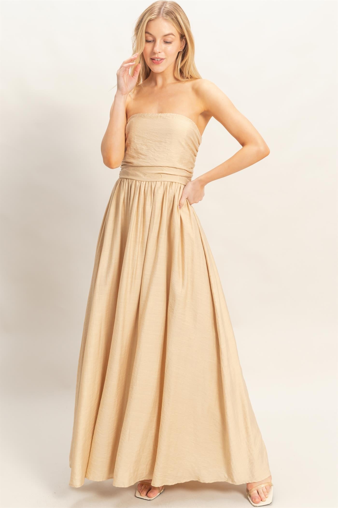 Beige Strapless Tie Back Maxi Dress
