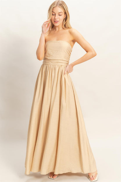 Beige Strapless Tie Back Maxi Dress