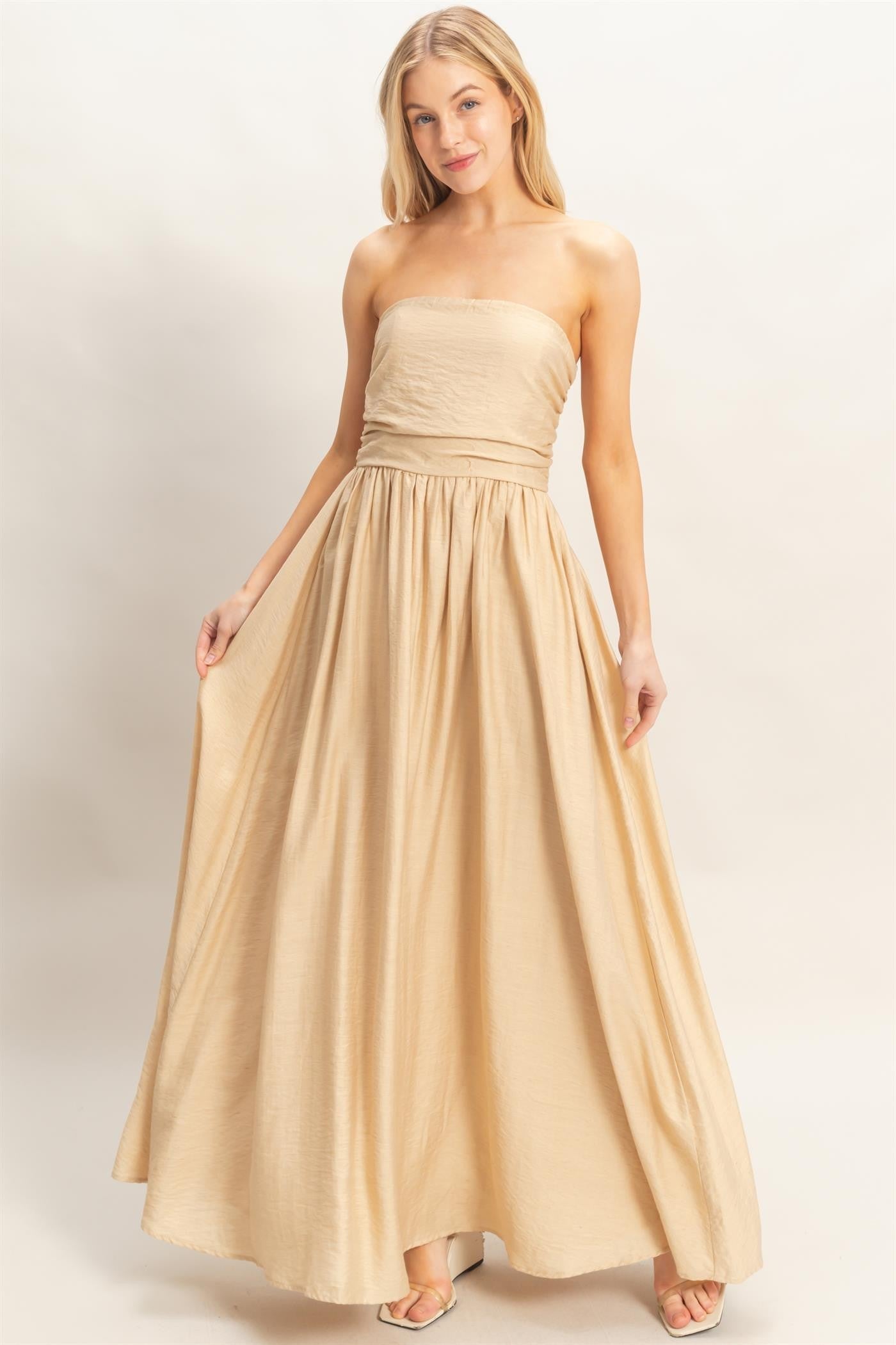 Beige Strapless Tie Back Maxi Dress