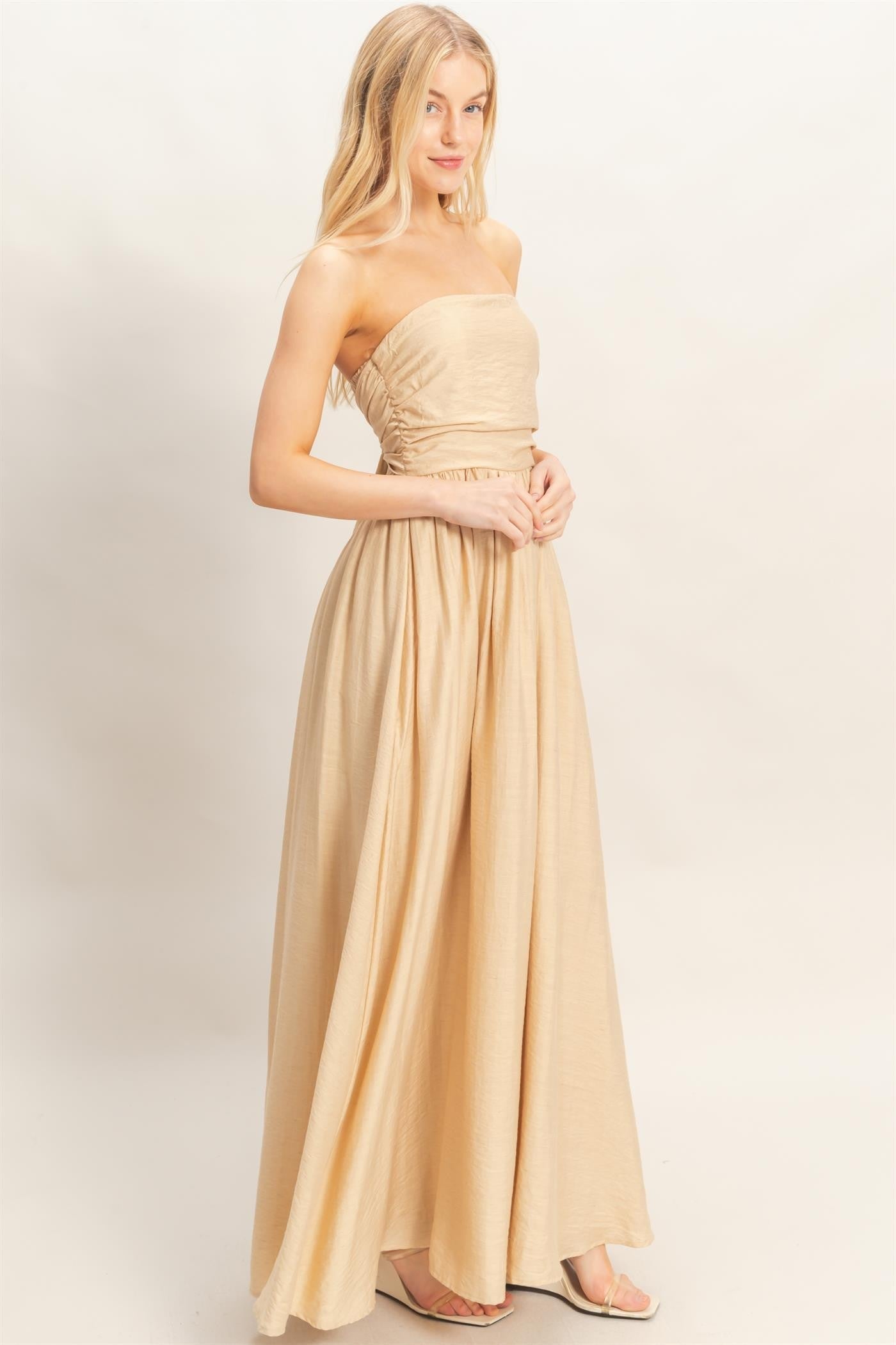 Beige Strapless Tie Back Maxi Dress