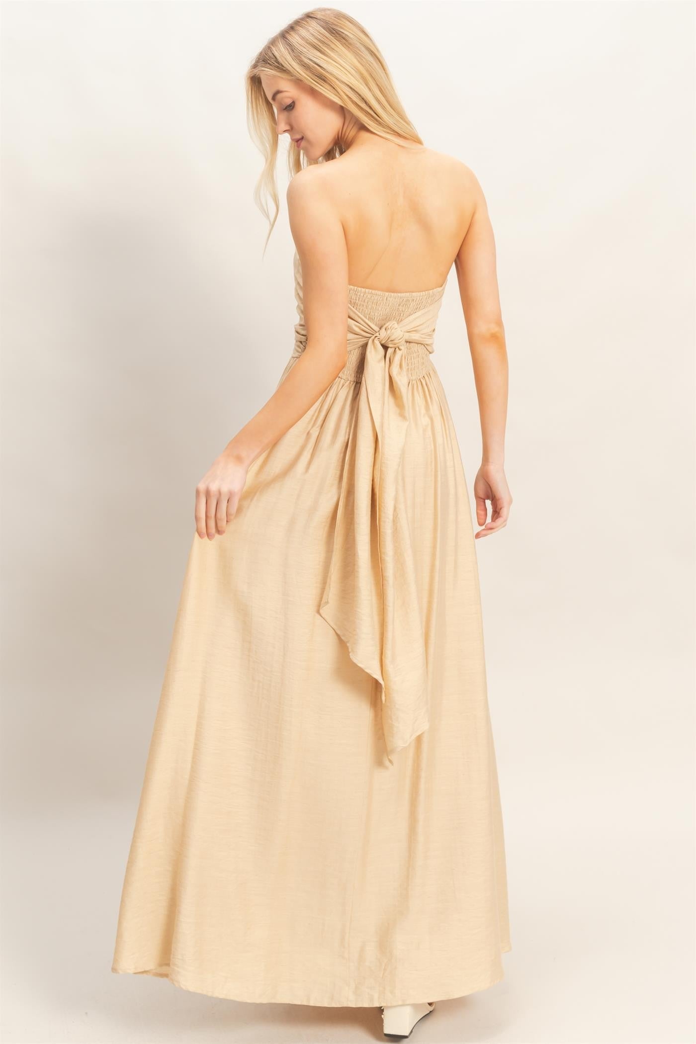 Beige Strapless Tie Back Maxi Dress