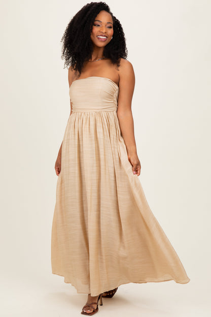 Beige Strapless Tie Back Maxi Dress