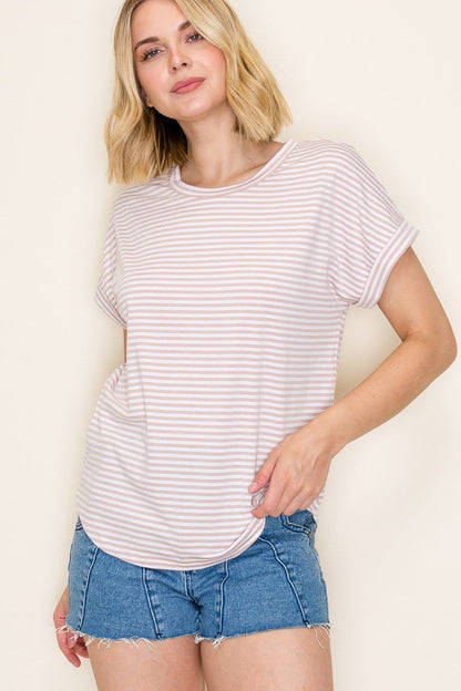 Beige Striped Short Sleeve Maternity Top
