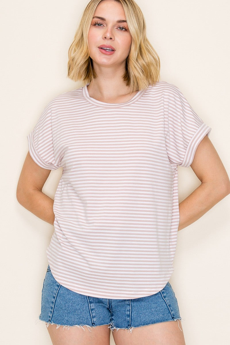 Beige Striped Short Sleeve Top
