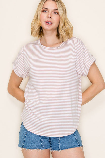 Beige Striped Short Sleeve Top