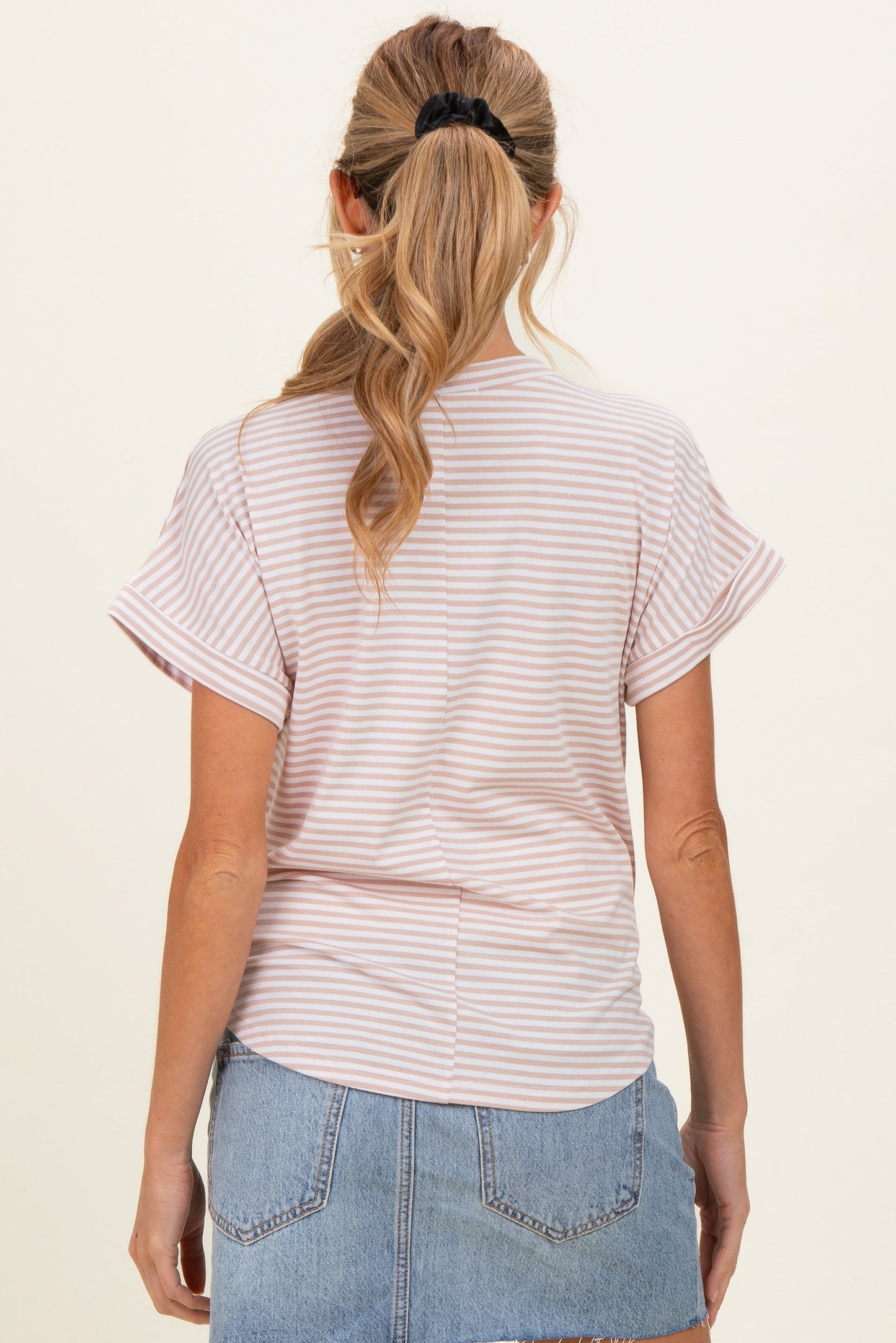 Beige Striped Short Sleeve Maternity Top