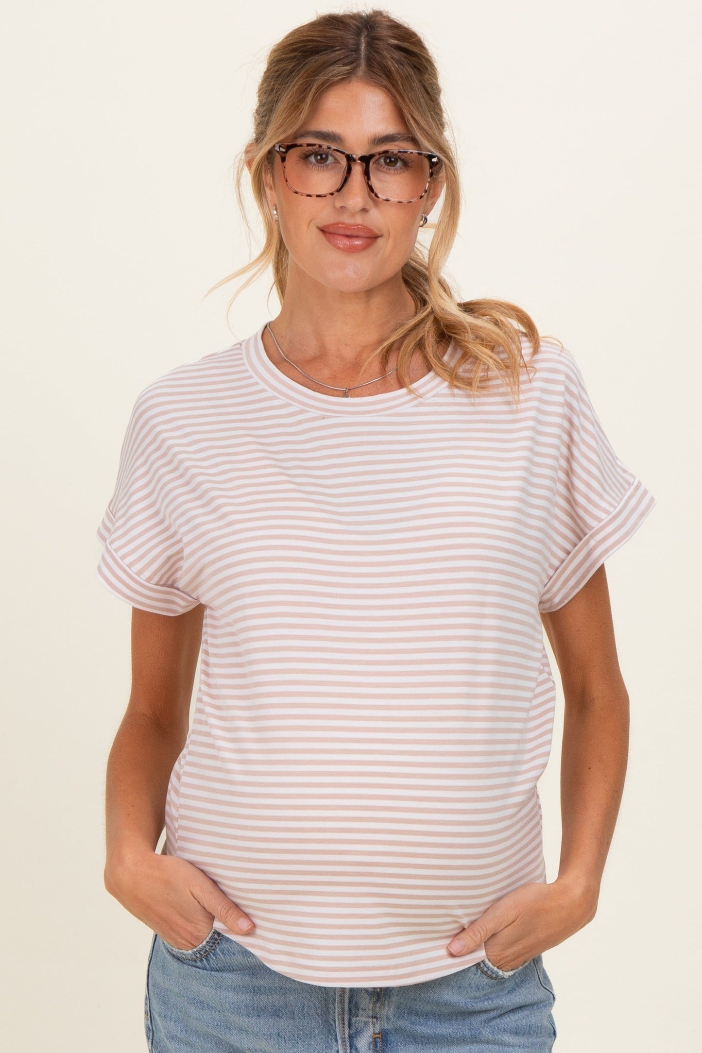 Beige Striped Short Sleeve Maternity Top