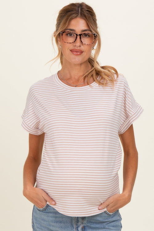 Beige Striped Short Sleeve Maternity Top