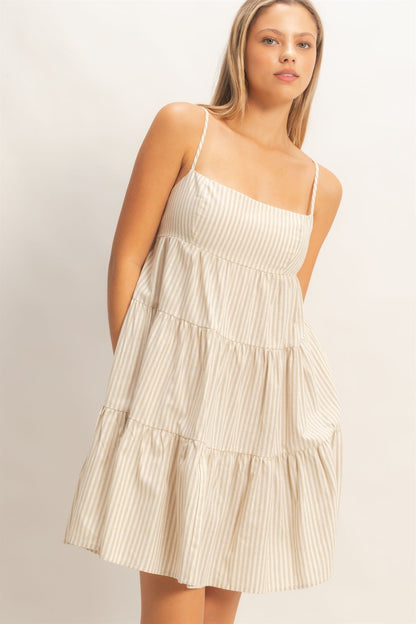 Beige Striped Tiered Cutout Dress