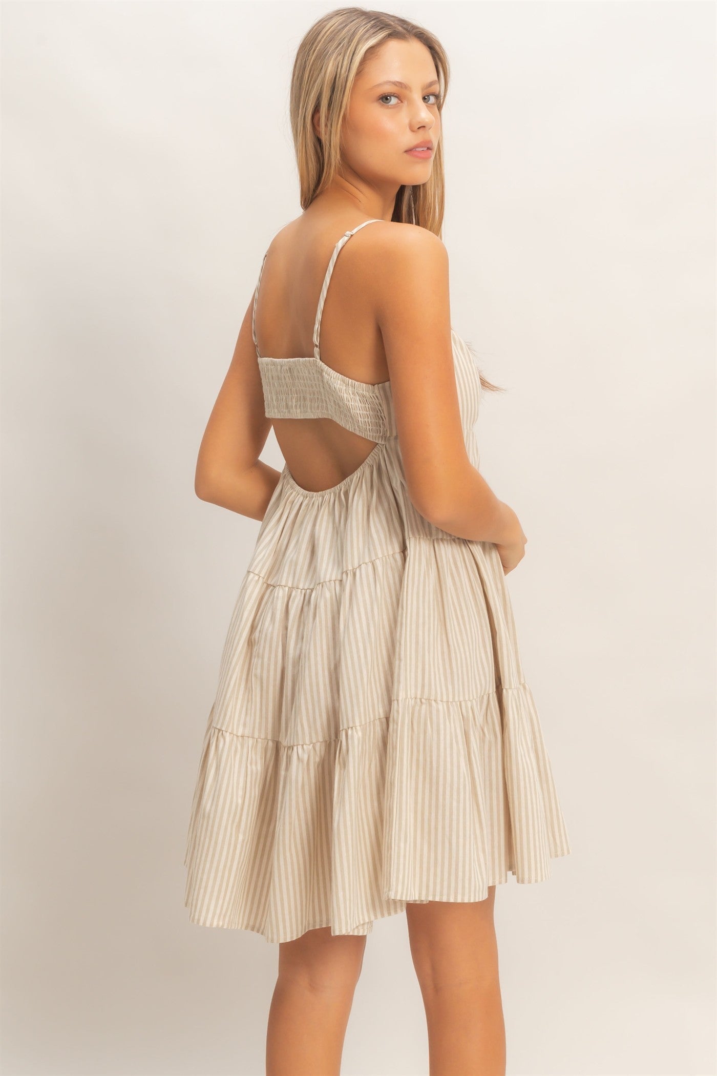 Beige Striped Tiered Cutout Dress