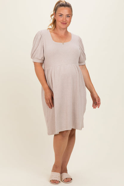Beige Ribbed Knit Maternity Plus Midi Dress