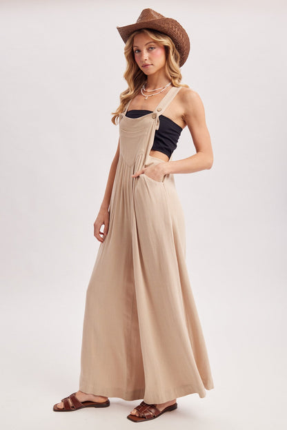 Beige Super Wide Leg Overall Jumpsuit